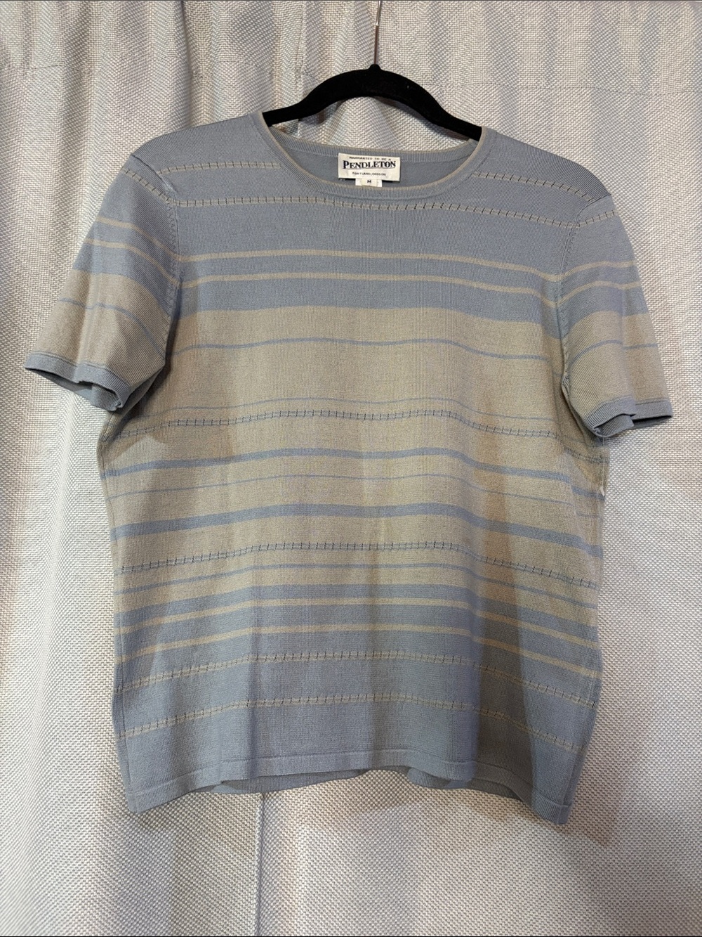 Vintage Pendleton Silk Blend Short Sleeve Striped Knit Tee in Blue and Gray